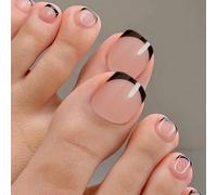 NICENEEDED 24 PCS Presse Nue Sur Faux Ongles D'Orteil, Ongles D'Orteils en Acrylique Français Noirs, Bâton Artificiel Réutilisable Cercueil Sur Faux Ongles D’Orteil