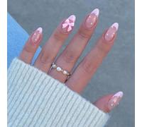 NICENEEDED 24 pièce Presse Française Rose Sur les Ongles Faux Ongles Moyens en Amande avec Perles et Motif Nœud Faux Ongles à Couverture Complète Bâton Brillant Sur les Ongles