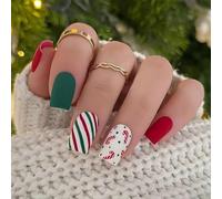 NICENEEDED 24PCS Presse de Noël sur Les Ongles Faux Ongles Carrés Moyens à Rayures Rouges Blanches et Vertes Faux Ongles de Noël d'hiver pour Femme