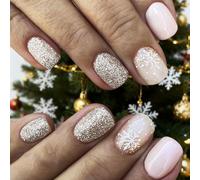 NICENEEDED 24PCS Presse de Noël sur Les Ongles Faux Ongles Courts Carrés Roses avec Motifs Flocons de Neige Ongles Autocollants à Couverture Complète Pailletée pour Femmes