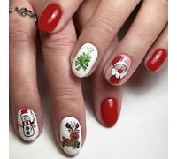NICENEEDED 24PCS Presse de Noël Sur les Ongles Faux Ongles Ovales Courts Faux Ongles Père Noël Stick Brillant à Couverture Complète Rouge Renne Sur les Ongles