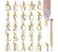 NICENEEDED 26Pcs AZ Strass Alphabet Nail Charms, Boucles D'Oreilles en Forme de Lettres Dorées avec Outil de Perçage des Ongles, 3D Alliage Anglais Lettres Nail Pendentifs pour Nail Decor DIY