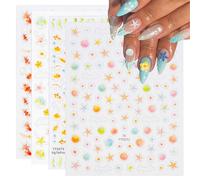NICENEEDED 4 Feuille D'Autocollants pour Ongles D'Été en Relief 5D Autocollants Décoratifs pour Ongles en Forme D'Étoile de Mer Autocollants Marins Motif Plage pour la Décor D'Ongles à Faire Soi Même