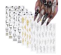 NICENEEDED 8 Feuille D'Autocollants pour Ongles Gothiques 3D Autocollants de Manucure à Lignes de Flammes et Épines Autocollants de Manucure en Relief Style Punk Rétro Doré et Argenté