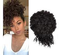 NICENEEDED Afro Puff Cordon Queue de Cheval avec Frange, Postiches Chignon Ananas Noir pour Femmes Noires, Kinky Curly Ponytail Clip In Bangs Short Hair Extension