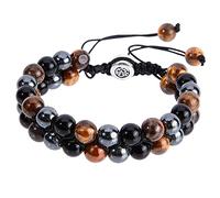NICENEEDED Bracelet fait à la main avec triple protection, bracelet en obsidienne noire naturelle et œil de tigre, bracelet de perles en hématite réglable de 8 mm pour femmes et hommes apporte chance