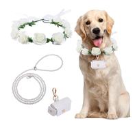 NICENEEDED Lot de 3 colliers pour mariage, chien, ensemble de fleurs, perles de laisse pour chiens avec perles porte-alliances, nœud papillon réglable pour le cou du chien