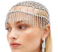 NICENEEDED Strass Tassel Head Chain Silver Cap, Roaring 20s Crystal Flapper Cap Coiffe, Bijoux de Tête en Strass Scintillants Gatsby Accessoires pour Cheveux pour Femmes et Filles
