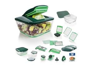 Nicer Dicer Chef Deluxe Set 28 pièces Coupe-légumes professionnel multifonction avec bol en verre et coupe-tomates | Pâtes, disques, rayures, spirales, julienne