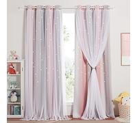 NICETOWN Rideaux Occultants Thermique - Rideaux Chambre Fille Enfant avec Voilage Blanc Couche Décoration pour Fenêtre Etoile Perforées, L132 x H213 cm, Rose Gris, 2 Pièces