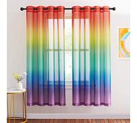 NICETOWN Rideaux Voilages pour Chambre - Voile en Lin Couleurs Dégradé Irisé à Oeillets pour Salon Romantique Joli avec Belle Rendu, L140 x H175cm, Arc-en-Ciel, Lot de 2