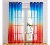 NICETOWN Voilages de Fenêtre - Rideau Salon en Voile Lin Panneaux à Oeillets Belle Rendu Couleur Jolie Dégradé Décoration pour Chambre, L 140 x H 245 cm, Bleu/Orange, 2 PCs