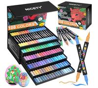 NICETY 108 Couleurs Feutres Acryliques - Marqueurs Double Pointe 1mm Fine & 1-5mm Pinceau pour Pierre, Bois, Verre, Céramique - Stylos Acryliques à Base d’Eau pour Artistes