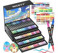 NICETY 144 Couleurs Feutre Acrylique Double Pointe Pinceau, 72 Pcs Acrylic Paint Marker - Marqueur Acrylique pour Pierre, Bois, Verre, Céramique - Coloriage Adulte Non Toxique