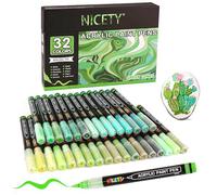 NICETY 32 Couleurs Feutres Acryliques - Stylos Pinceaux pour Peinture sur Pierre, Bois, Verre, Céramique - Pointe Pinceau 1-6mm, Marqueurs Acryliques set à Base d’Eau pour Adultes (Vert)