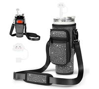 NICEWAT Sac de Transport pour Stanley Cup 40oz, Sac pour bouteille d'eau avec Strass, Poche pour Téléphone Portable et Bandoulière Réglable, Pochette pour Bouteille d'eau pour Yoga et Voyage (Noir)
