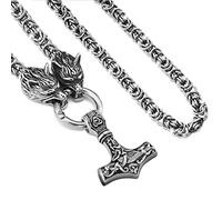 NICEWL Corbeaux D'odin avec Le Marteau De Thor Mjolnir Pendentif Collier-Chaîne De Tête De Loup Métal Viking, Mythologie Nordique Hommes Amulette Païenne De Bijoux,50cm