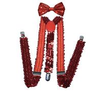 NiceYnn Bretelles avec Nœud Papillon Suspensions Larges Réglable Élastique Extra Fort 3 Clips en Forme Y Paillette Rouge