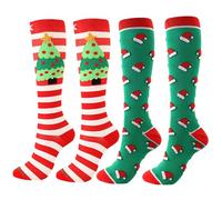NiceYnn Noël Chaussettes de Compression Montant 2 Paires Chaussette au Genoux Imprimé Motif Sapin Bonhomme Père Noël Chapeau Multicolore #C L