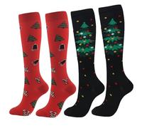 NiceYnn Noël Chaussettes de Compression Montant 2 Paires Chaussette au Genoux Imprimé Motif Sapin Bonhomme Père Noël Chapeau Multicolore #A L