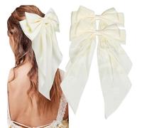 NiceYnn Pince à Cheveux Noeud Papillon avec Long Ruban 2Pcs Epingles Barrette de Cheveux en Satin pour Femme Coiffure Mariage Noël Anniversaire Beige