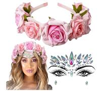 NiceYnn Serre-tête à Couronne de Fleurs Strass Autocollant Visage Bandeau à Cheveux Guirlande pour Femme Coiffure Plage Carnaval Halloween Noël #E