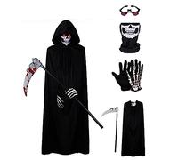 Niceyoeuk Cape d'Halloween Costume de Cosplay pour Femmes Hommes Enfants Mort Faucheuse Horreur Robe avec Lunettes aux Yeux Rouges Brillants, Faux, Masque, Gants (Noir Enfants, 5Pcs)