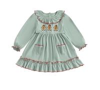 Niceyoeuk Robe de Noël à manches longues pour petite fille, motif bonhomme en pain d'épices, broderie à volants, tenue de vacances, Vert, 3-4 ans