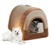 Niche 2 en 1 pour chat de grande taille, lit apaisant et chaud, anti-anxiété, coussin amovible en peluche douce avec base antidérapante (Marron, taille S, 42 x 32 x 30 cm)