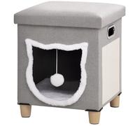 Niche chat interieur - PawHut - 2 en 1 - pied en bois, coussin amovible lavable, balle suspendu, tapis griffoir et poignée - gris