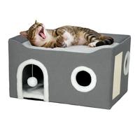 Niche chat interieur - PawHut - pliable, griffoir, lit surélevé, 3 entrées, jouet - polyester - 60 x 40 x 34 cm - gris