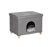 Niche chat maison de chat sur pied repose-pied 2 en 1 - coussin inclus - pliable - MDF peluche suédé gris