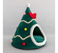 Niche chaude en forme de sapin de Noël pour petit chien et chat avec coussin amovible, tente lavable en peluche pour l'hiver - Fibre creuse rembourrée de coton - Vert