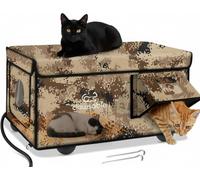 Niche chauffante indestructible pour chats d'extérieur, 100 % résistante aux intempéries, porte d'évacuation sûre, abri d'extérieur isotherme avec chauffage pour chat (camouflage désert, 66 x 43,2 x