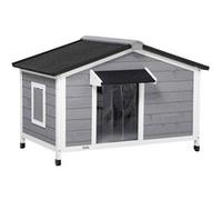 PawHut Niche Chien Style Cottage - 2 fenêtres, Porte, Toit ouvrant bitumé - dim. 109 x 79 x 72 cm - Bois Sapin Gris