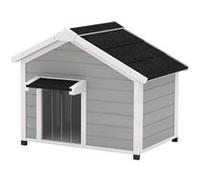 PawHut Niche pour Chien extérieur en Bois Massif, Maison Chien avec Toit en Asphalte ouvrable, Plancher Amovible, Pieds surélevés, Rideau de Porte, Gris Clair