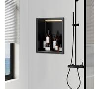 Niche de douche en acier inoxydable avec lumière LED, étagère de rangement murale intégrée pour salle de bain, pas de carrelage nécessaire, noir mat