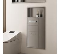 Niche De Douche en Acier Inoxydable, Porte-Papier Toilette Encastré avec Poubelle Et Rangement, Interrupteur À Poussoir, Étagères De Salle De Bain Multifonctions pour Hôtel(Gray)