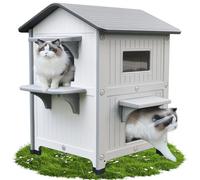 Niche d'extérieur à deux étages avec balcon, maison d'extérieur pour chat à 2 étages en plastique résistant aux intempéries - Chat sauvage - Enclos avec porte d'évacuation - Blanc
