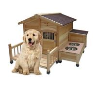 Niche d'extérieur en bois style cabane avec plancher surélevé, toit en pierre, porte d'entrée et porche pour chiens de taille moyenne à grande