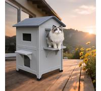 Niche d'extérieur isolée et résistante aux intempéries pour chats sauvages, abri surélevé en plastique à 2 étages avec porte de secours, assemblage facile, intérieur extensible, gris, 86,4 x 53,3 x