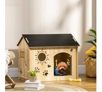 Niche d'intérieur pour chien en bois - Décor chêne - Ouvertures cœur/patte/os - L69×P50×H58 5 cm - Pour chiens ≤10 kg
