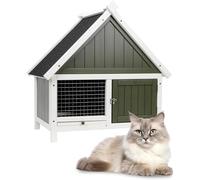 Niche en bois pour chat d'extérieur résistante aux intempéries avec plancher surélevé et toit en asphalte, abri isotherme pour chat sauvage avec crochet pour gamelle et loquet de porte pour petits