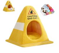 Niche en forme de bloc de route pour chat avec coussin amovible, lit chauffant doux et fermé pour chat d'intérieur « Bad Cat Appears! » Tente douillet pour salon (jaune A, L)