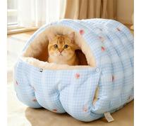 Niche en forme d'igloo pour chat et chiot - Lit semi-fermé moelleux pour petit chaton - Coussin en peluche portable lavable - Bleu, S - 30 x 25 x 20 cm