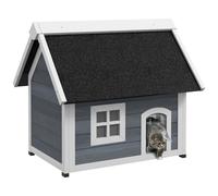 PawHut Maison pour Chat en Bois, Niche pour Chat, Porte à lamelles, fenêtre en plexiglas, Toit bitumé ouvrable et 3 Portes, Pieds en Plastique, 77 x 57,5 x 68 cm, Gris