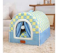 Niche portable avec poignée pour chien et animal domestique - Lit chaud anti-anxiété avec coussin amovible - Igloo avec fond antidérapant (61 x 45 x 41 cm, bleu clair)