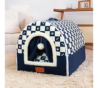 Niche portable avec poignée pour chien et animal domestique - Lit chaud anti-anxiété avec coussin amovible - Igloo avec fond antidérapant (78 x 56 x 52 cm, bleu foncé)