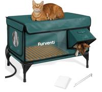 Niche pour chat chauffante d'extérieur avec double support pour caméra, 100 % résistant aux intempéries et extrêmement isolée, abri surélevé pour chat sauvage avec porte de secours, avant-toit étanche