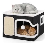 Niche pour chat d'intérieur avec balle moelleuse et griffoir, noir/gris | Niche pliable pour chat pour plusieurs animaux de compagnie, grande cachette cube à 2 couches pour toutes les saisons